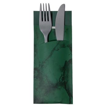 520 Bestecktaschen mit Serviette dunkelgrün marmoriert 20 cm