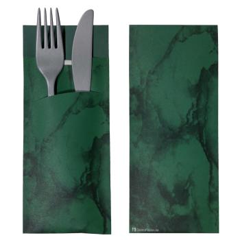 520 Bestecktaschen mit Serviette dunkelgrün marmoriert 20 cm