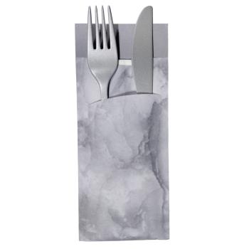 30 Bestecktaschen mit Serviette grau marmoriert 20 cm