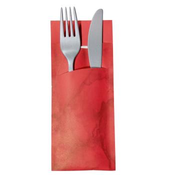 30 Bestecktaschen mit Serviette rot marmoriert 20 cm