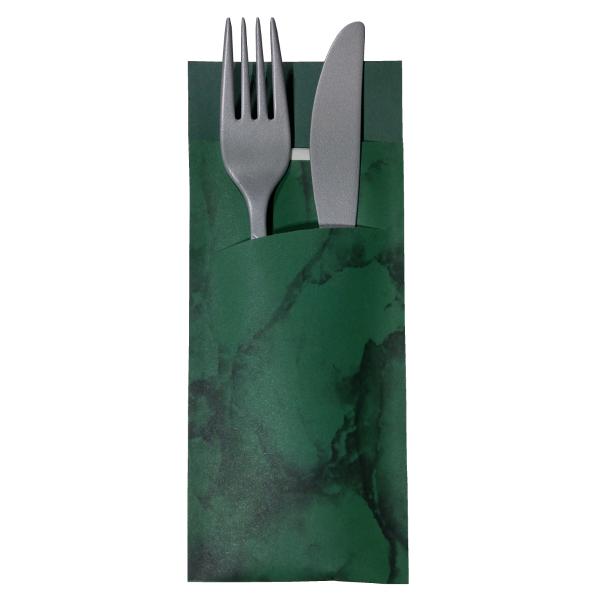 520 Bestecktaschen mit Serviette dunkelgrün marmoriert 20 cm