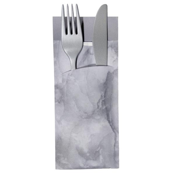 30 Bestecktaschen mit Serviette grau marmoriert 20 cm